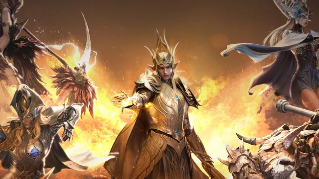 Wide Dragonheir: Silent Gods key art showing a lineup of armoured fantasy heroes and a dragon against a dramatic sky